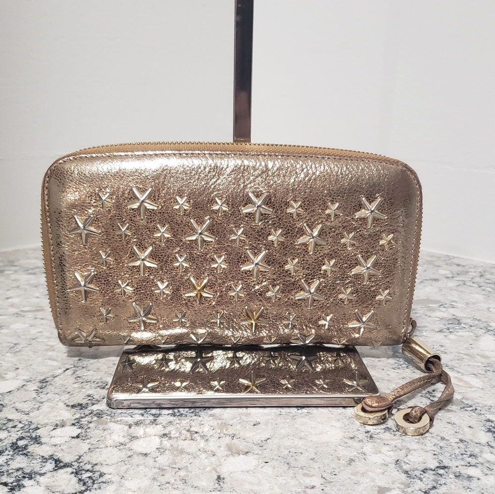 EUC Jimmy Choo Filipa Gold Glitter Studded Zip Around Wallet With Authenticity💳